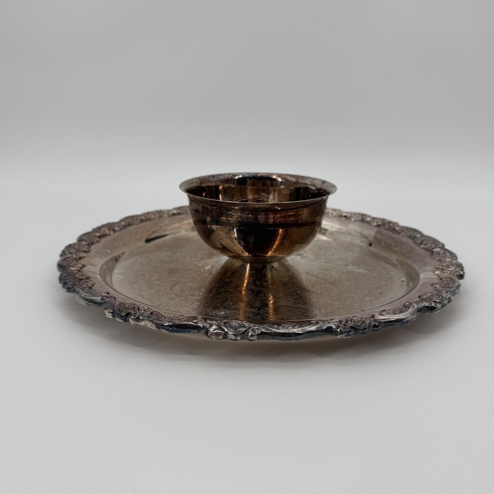 Oneida USA Silver Plated Chip and Dip Server Ornate Floral Etched Tray Bowl